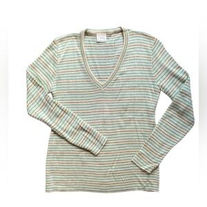 1970s New Sears Acrylic Green Copper Metallic Stripe V Neck Skinny sweater - M